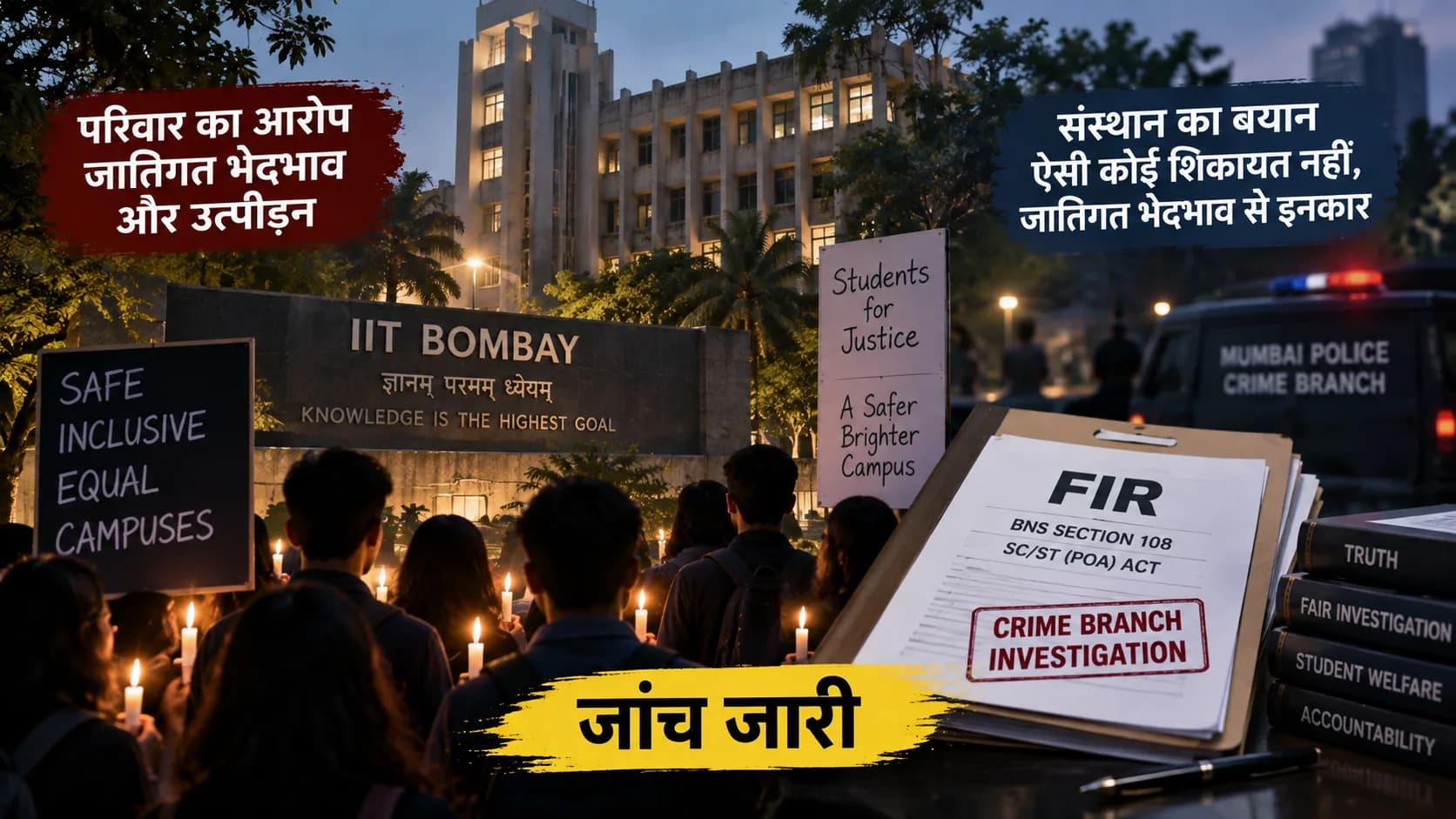 आईआईटी बॉम्बे के बाहर मोमबत्ती जलाकर विरोध प्रदर्शन कर रहे छात्रों की भीड़, साथ में विरोध के संकेत।