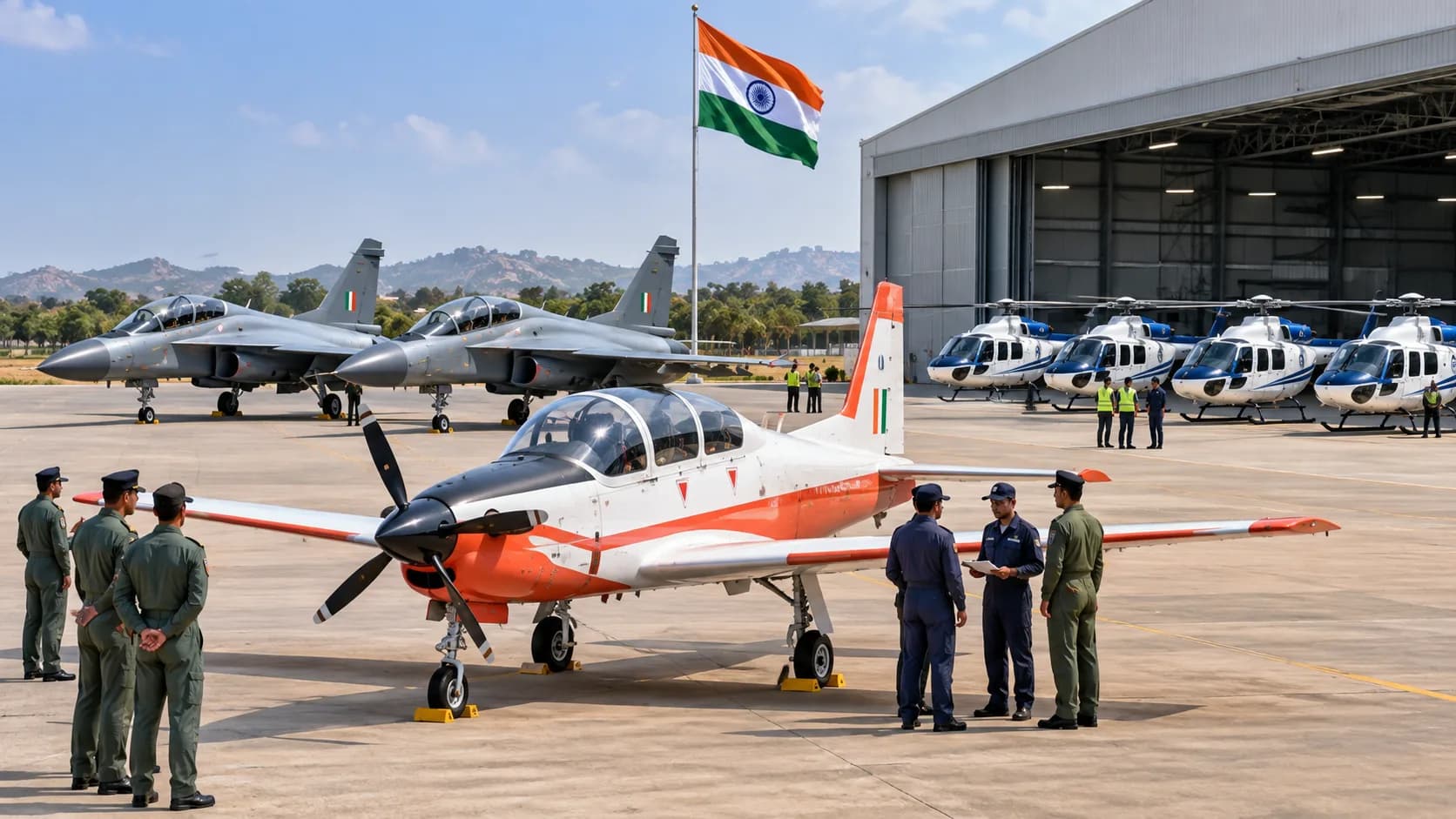 भारतीय वायु सेना के विमान और हेलीकॉप्टर एक हवाई अड्डे पर खड़े हैं, जिसमें भारतीय ध्वज लहरा रहा है।