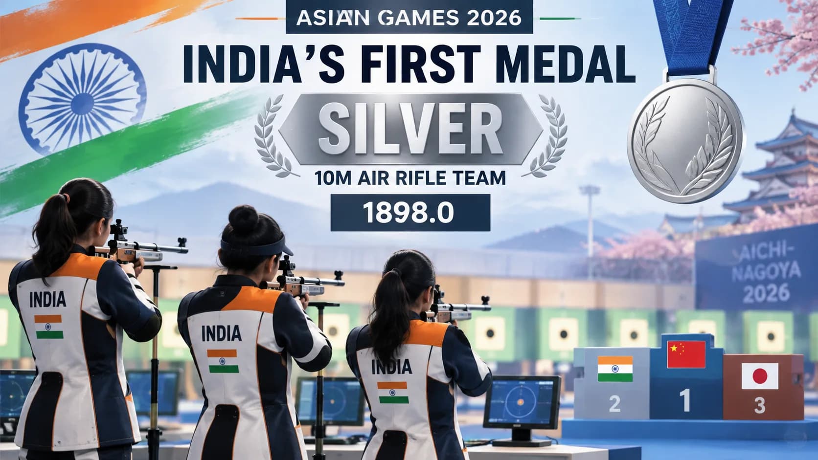 एशियाई खेल 2026 में भारत की 10 मीटर एयर राइफल टीम ने रजत पदक जीता।