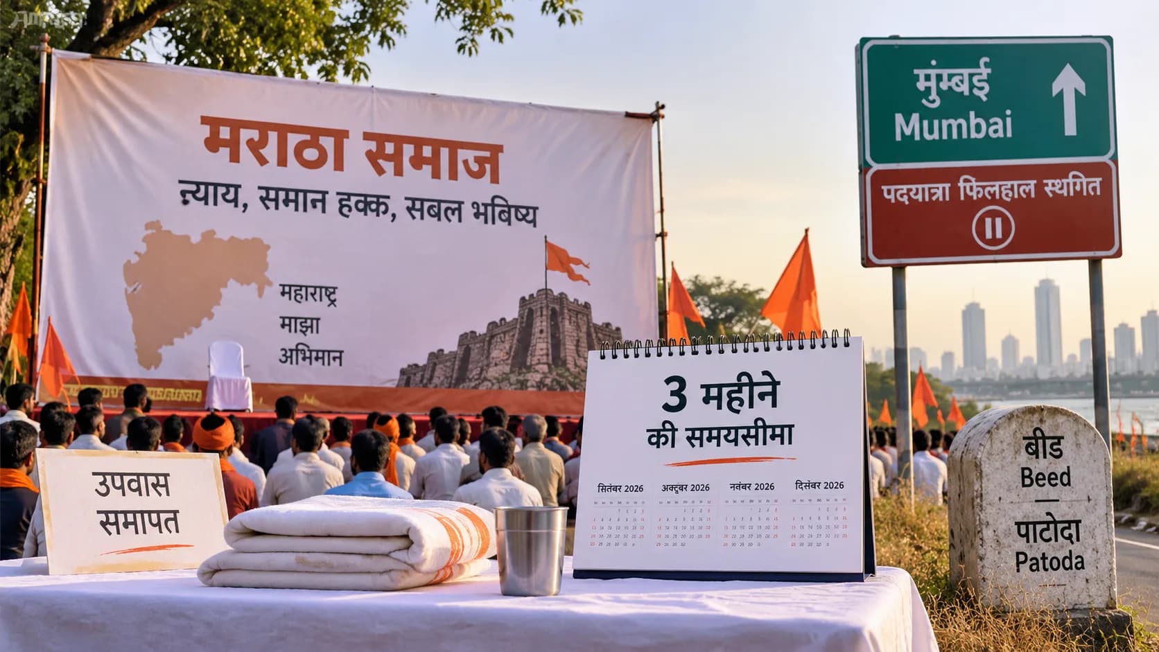 एक सभा में मराठा समाज के लोग, बैनर और संकेतकों के साथ।