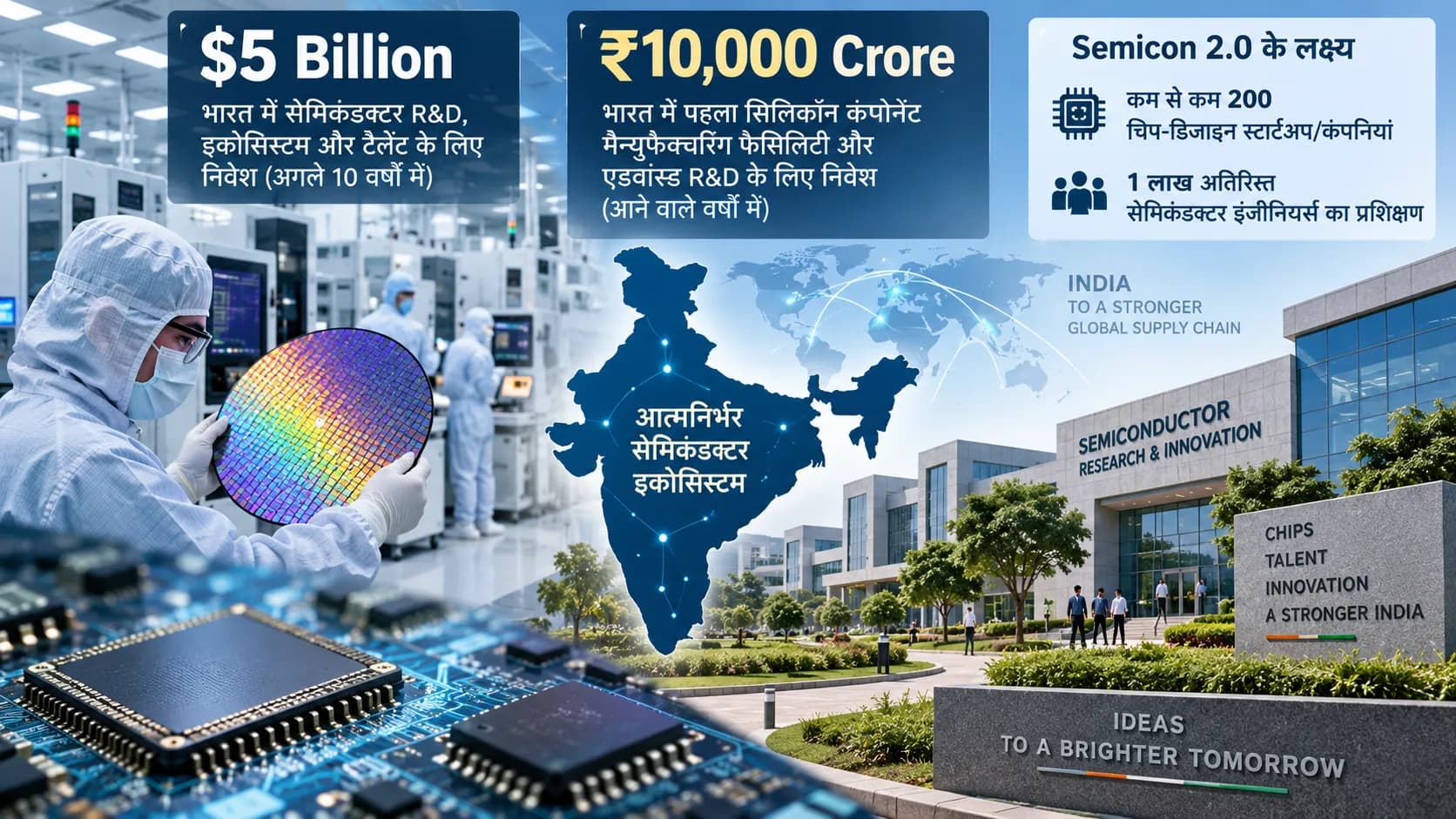 सेमीकंडक्टर सुविधा में कर्मी, वेफर, चिप और भारत मानचित्र दिखते हैं।