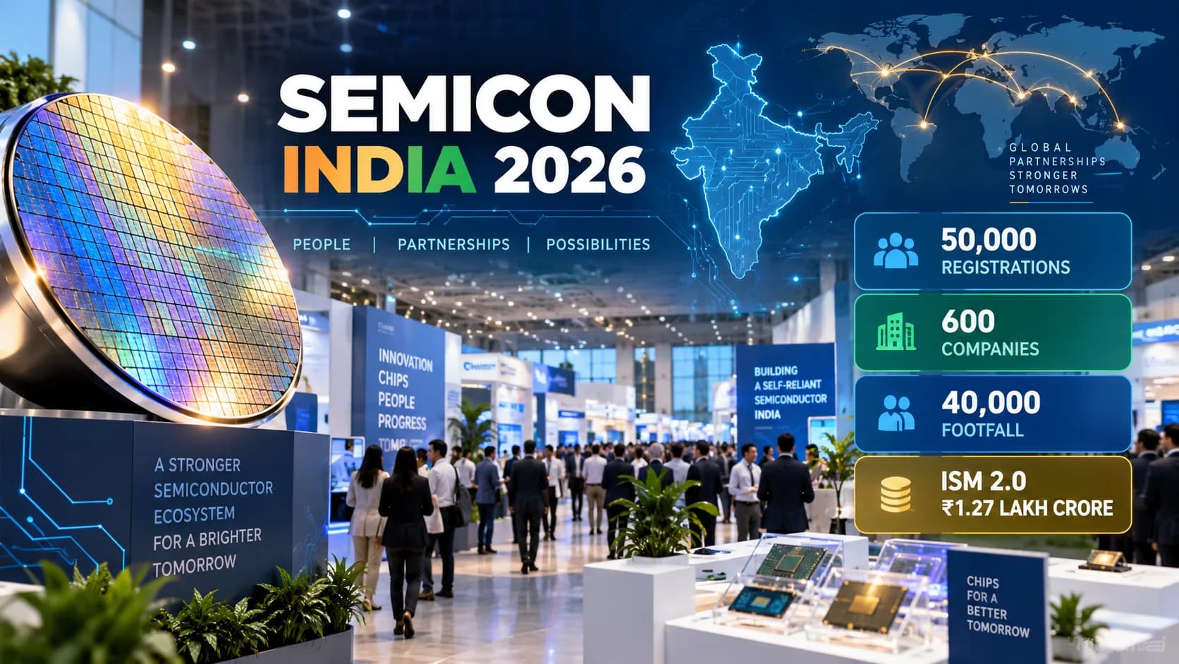 सेमीकॉन इंडिया 2026 का एक प्रदर्शनी हॉल, जिसमें एक बड़ा सिलिकॉन वेफर और लोग चल रहे हैं।