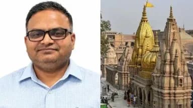 एक व्यक्ति का क्लोज-अप और एक मंदिर परिसर का दृश्य।