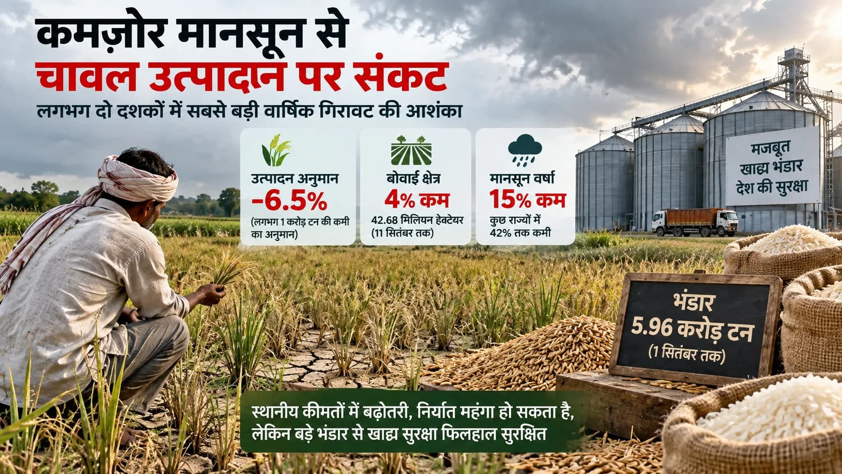 खेत में किसान फसल देख रहा है; पीछे अनाज भंडार और हिंदी जानकारी है।