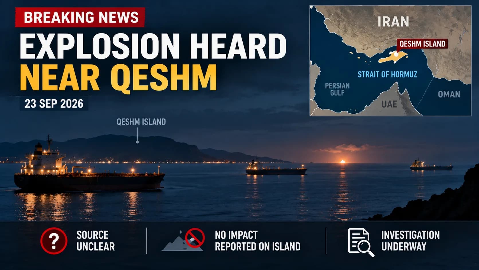रात में समुद्र में जहाजों के साथ एक समाचार ग्राफिक, जिसमें "Qeshm के पास विस्फोट" शीर्षक है।