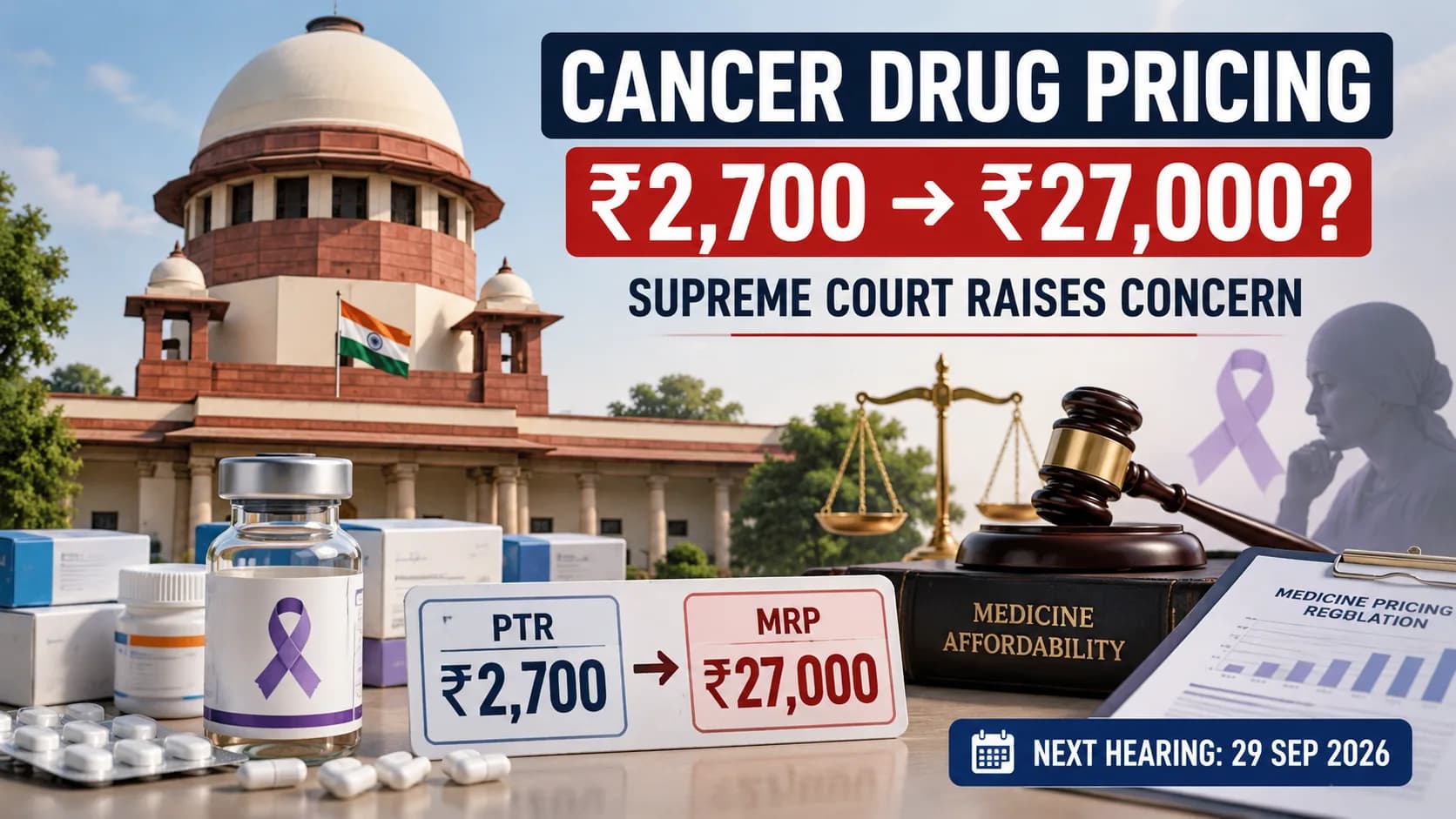 सुप्रीम कोर्ट के सामने कैंसर की दवा की कीमत 2,700 रुपये से 27,000 रुपये होने पर चिंता जताई गई है।