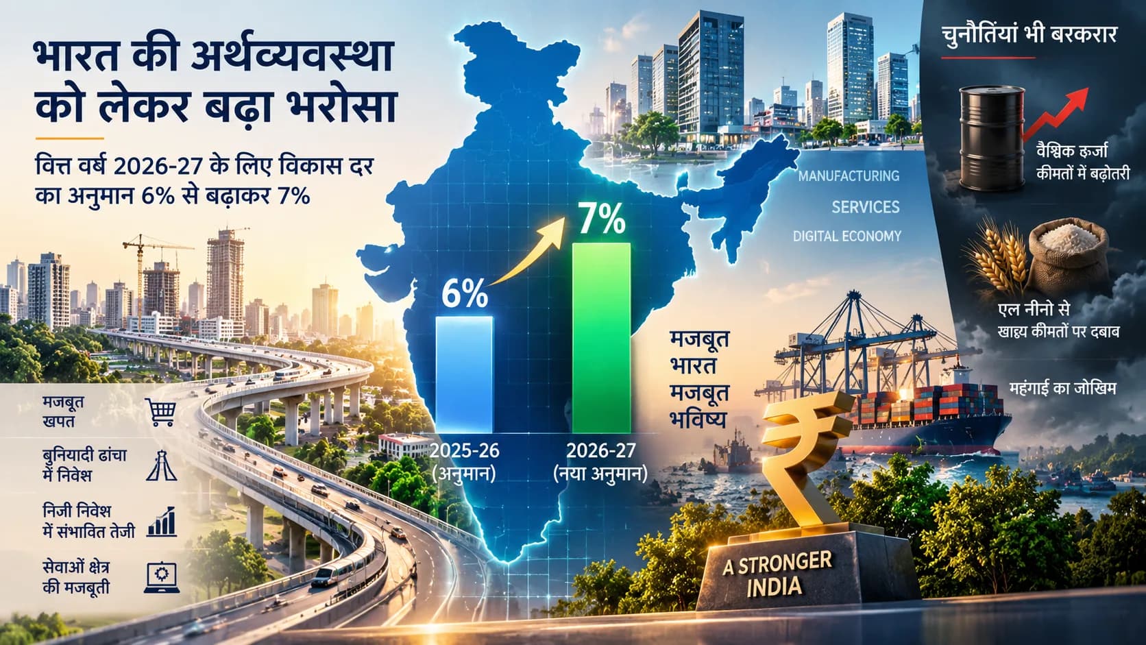 भारत की अर्थव्यवस्था को लेकर बढ़ा भरोसा, विकास दर 6% से बढ़कर 7%।