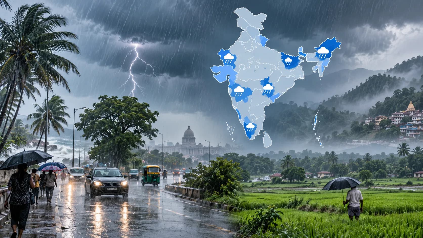 बारिश और बिजली के साथ भारत का एक विहंगम दृश्य, जिसमें लोग और वाहन सड़कों पर हैं।