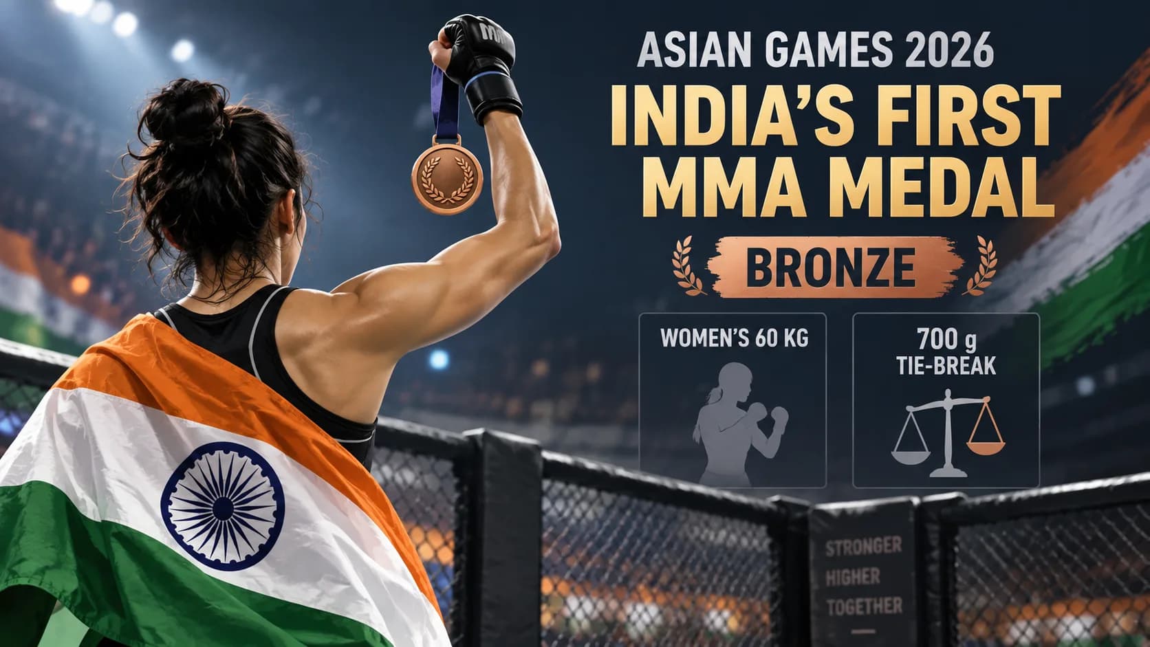 एक भारतीय महिला MMA खिलाड़ी ने एशियाई खेलों 2026 में कांस्य पदक जीता।