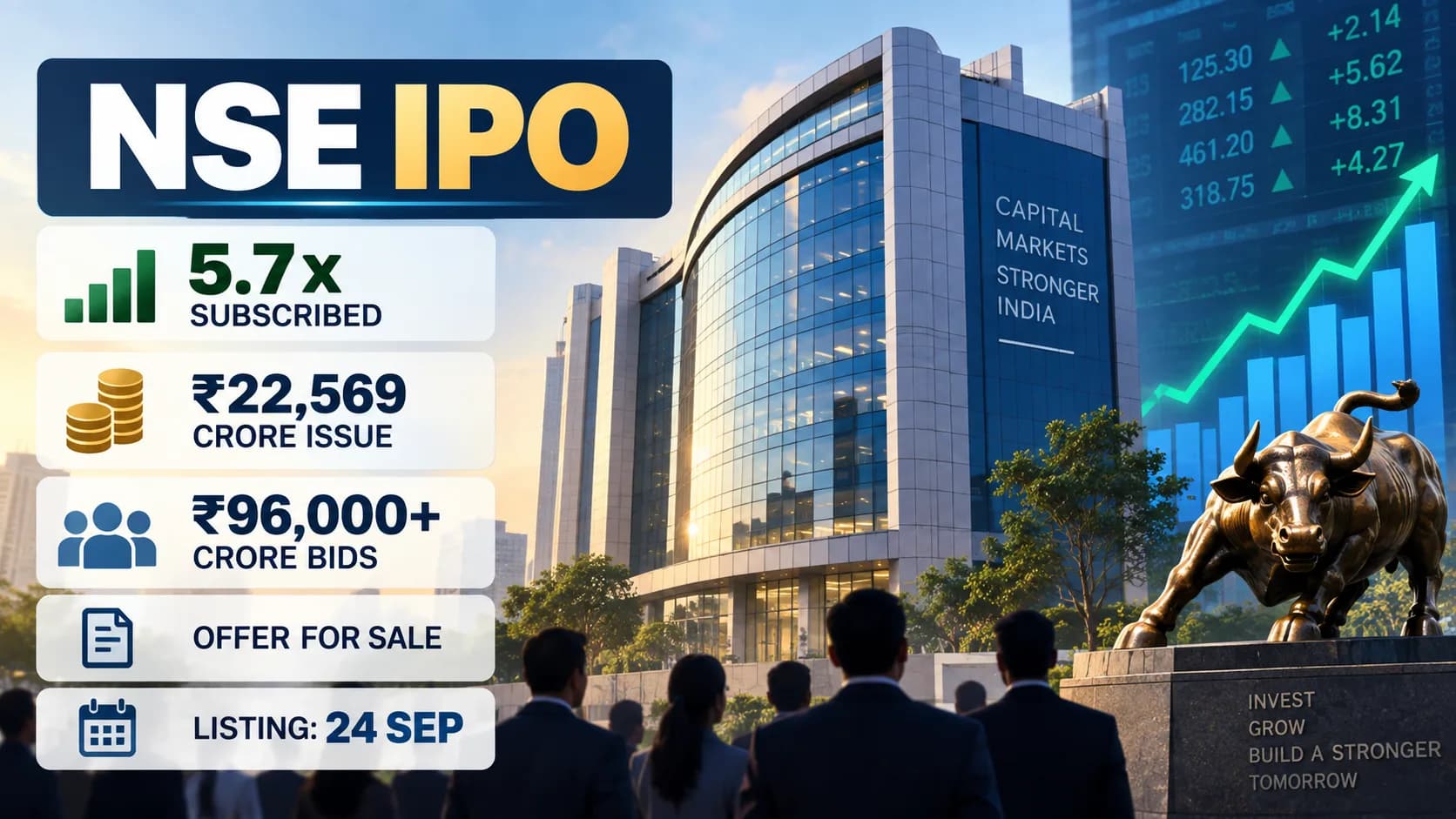 NSE IPO की जानकारी, जिसमें सब्सक्रिप्शन, इश्यू, बिड्स, ऑफर फॉर सेल और लिस्टिंग की तारीख दिखाई गई है।