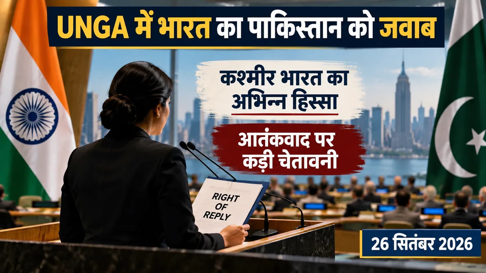 एक महिला संयुक्त राष्ट्र महासभा में भारत के झंडे के सामने बोल रही है, जिसमें पाकिस्तान का झंडा भी दिख रहा है।