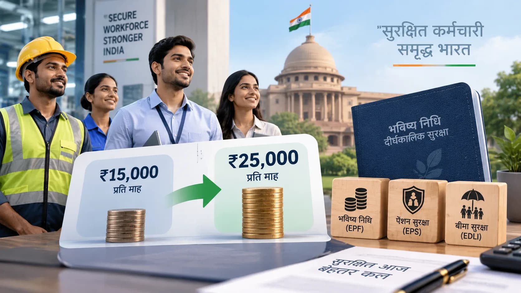 EPFO की बढ़ी हुई वेतन सीमा को दर्शाती हुई एक प्रतीकात्मक तस्वीर, जिसमें कर्मचारी और वित्तीय दस्तावेज शामिल हैं।