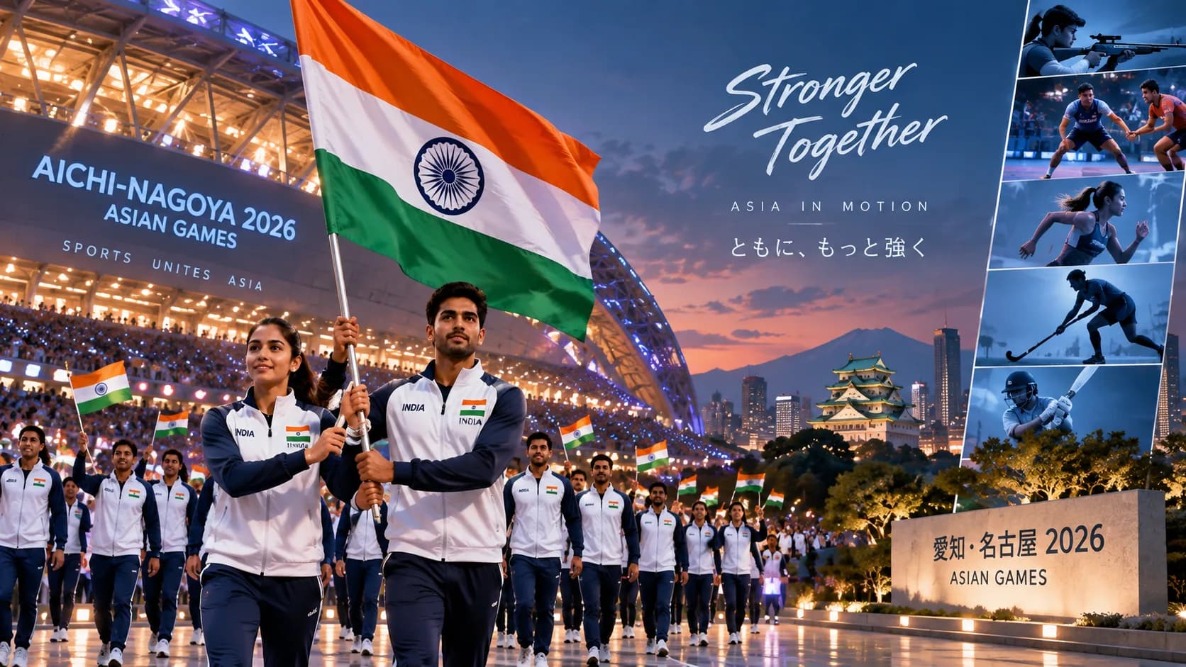 भारतीय एथलीट एशियाई खेलों के उद्घाटन समारोह में भारतीय ध्वज के साथ मार्च कर रहे हैं।